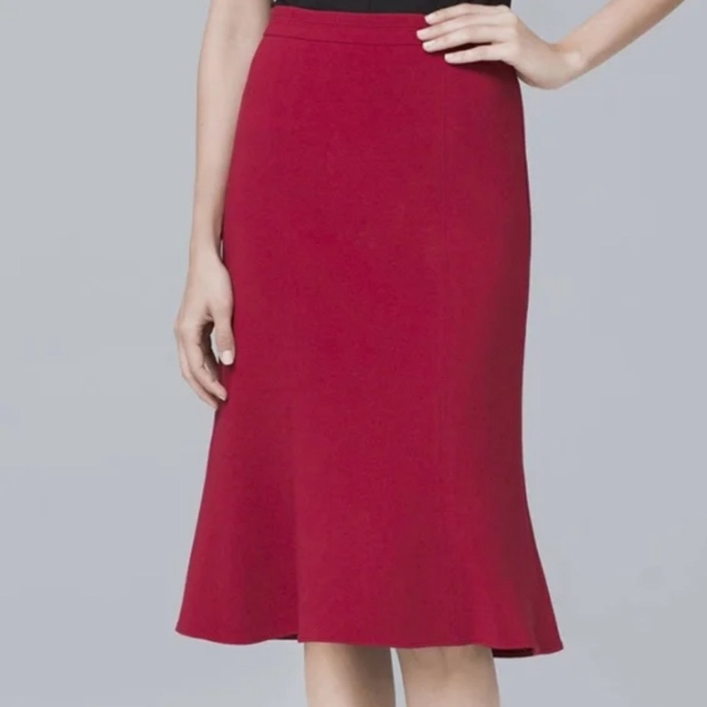 White House Black Market Red Midi Skirt Size 8 Career Chic Holiday Feminine Luxe